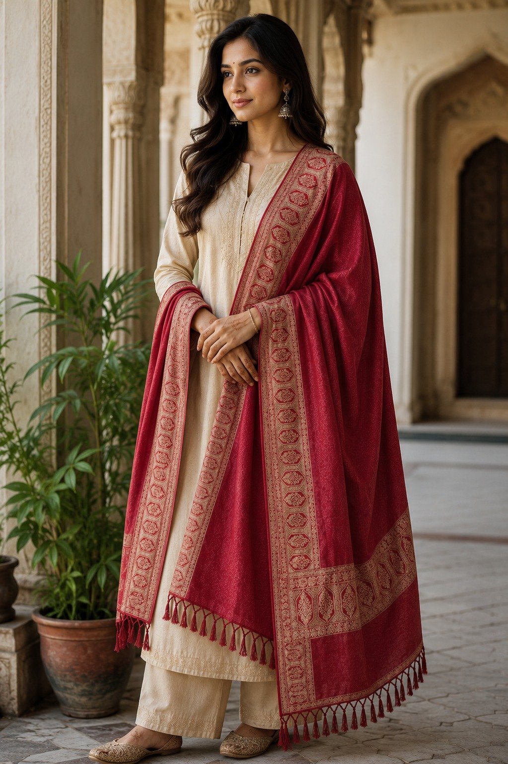 Model draped in a red Acrylic shawl