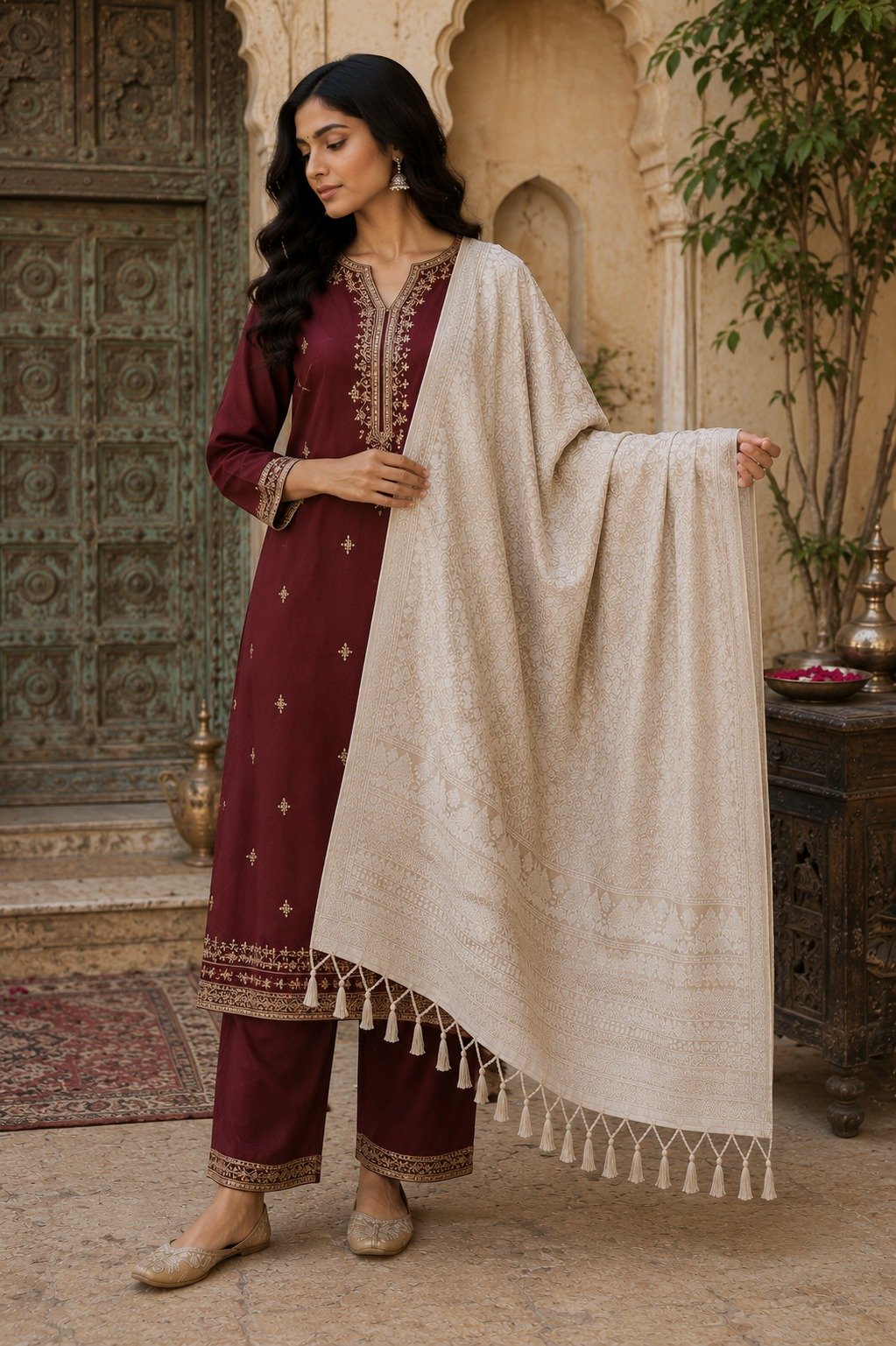 Model draped in an ivory trellis-pattern Acrylic shawl