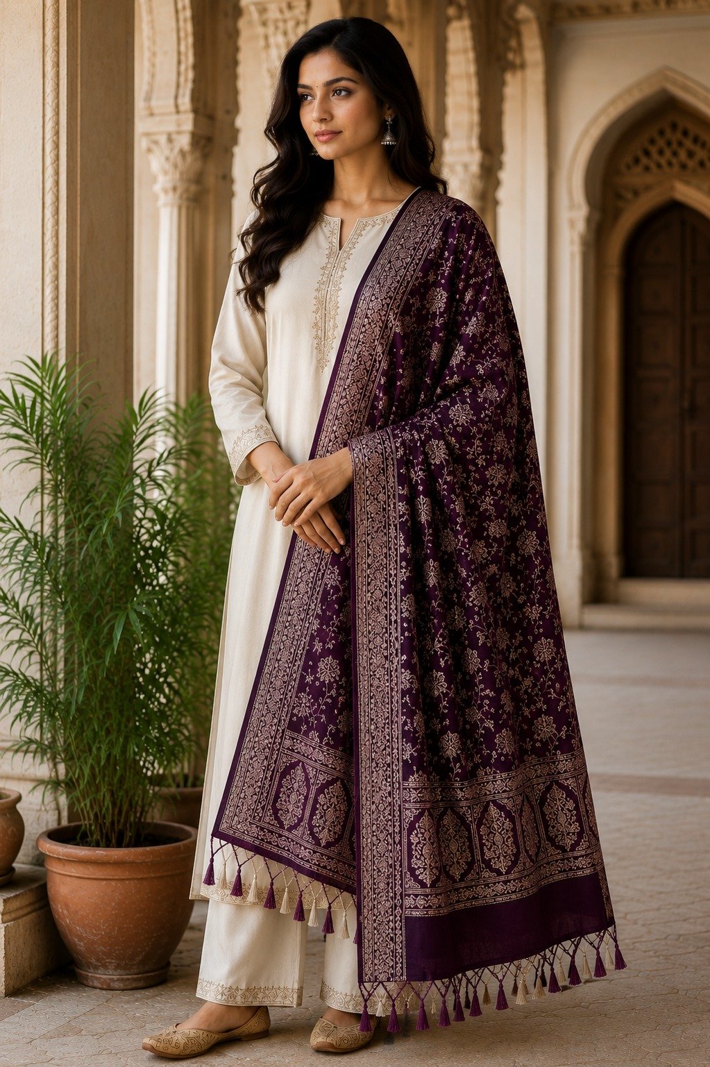 Model draped in a plum Viscose shawl
