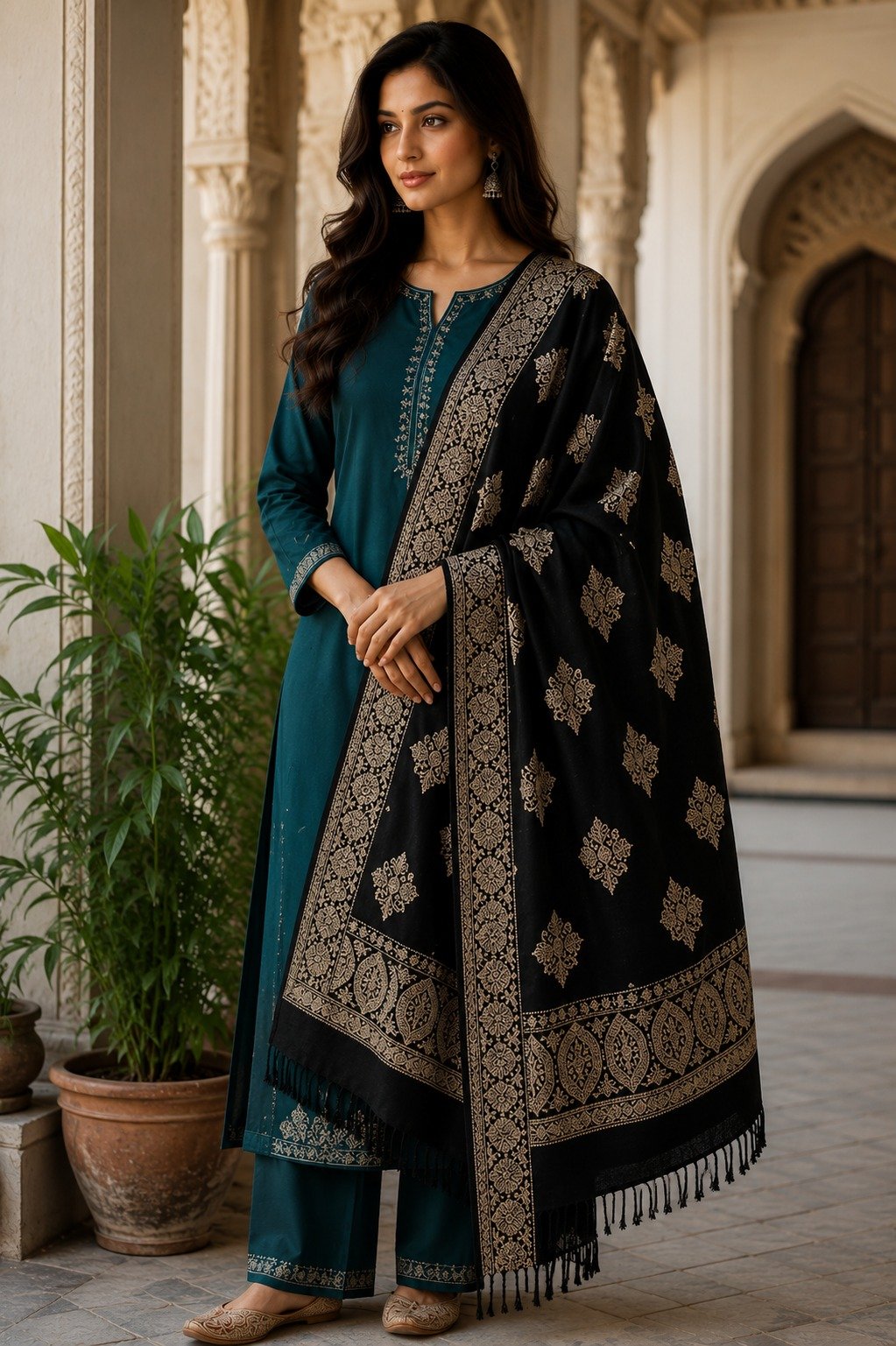 Model draped in a black Viscose shawl with gold motifs